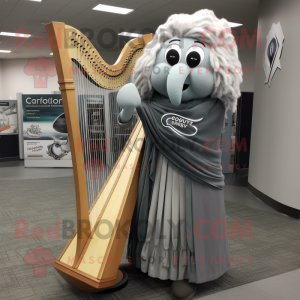 Gray Celtic Harp mascot costume character dressed with a Dress Shirt and Shawl pins