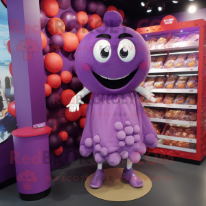 Purple Meatballs mascot costume character dressed with a Mini Dress and Coin purses