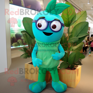 Turquoise Beanstalk mascot costume character dressed with a Polo Tee and Reading glasses