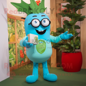 Turquoise Beanstalk mascot costume character dressed with a Polo Tee and Reading glasses