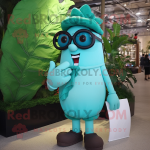 Turquoise Beanstalk mascot costume character dressed with a Polo Tee and Reading glasses