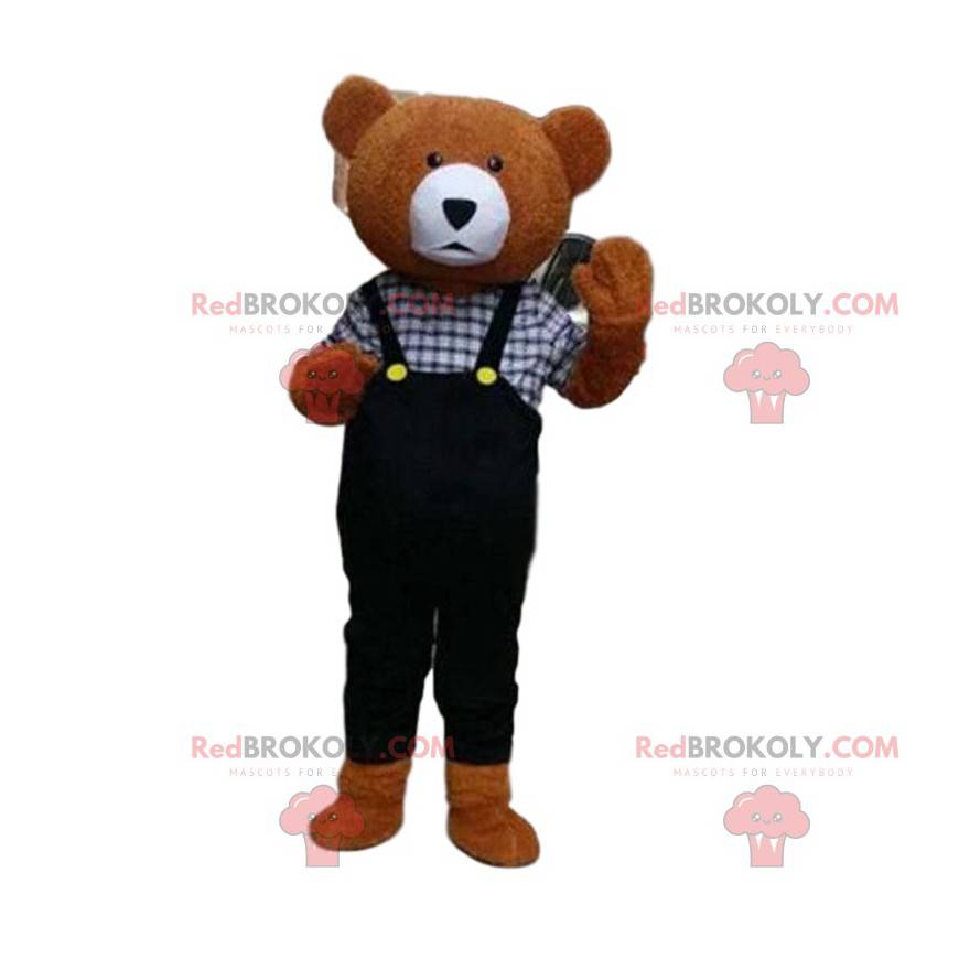 Klusjesman Regelmatigheid Vrijstelling Teddybeer mascotte met overall, bruine beer Besnoeiing L (175-180 cm)