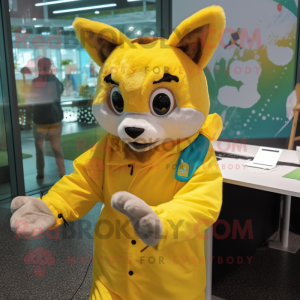 Yellow Lynx mascot costume character dressed with a Raincoat and Headbands