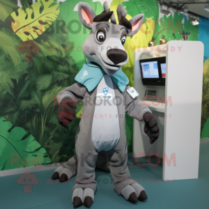 Gray Okapi mascot costume character dressed with a Windbreaker and Keychains