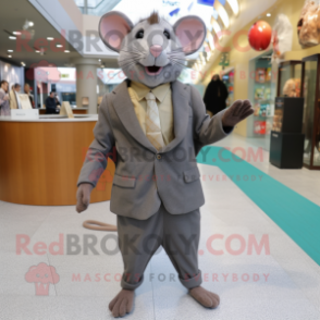 Olive Rat mascot costume character dressed with a Suit Jacket and Shawl pins