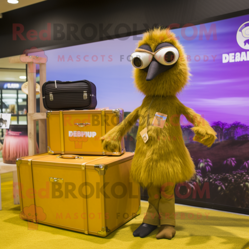 Gold Emu mascot costume character dressed with a Swimwear and Briefcases