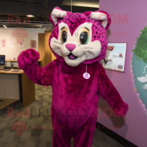 Magenta Bobcat mascot costume character dressed with a Shift Dress and Shawl pins