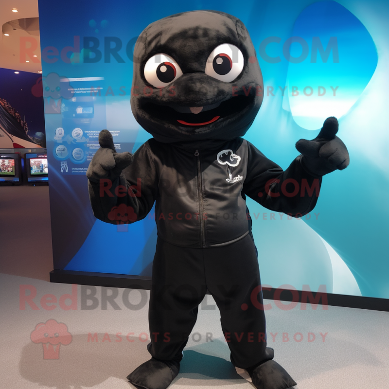 Black Cod mascot costume character dressed with a Jumpsuit and Scarves