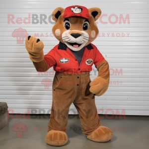 Red Mountain Lion mascot costume character dressed with a Overalls and Shoe laces