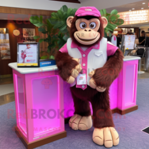 Pink Chimpanzee mascot costume character dressed with a Cocktail Dress and Briefcases