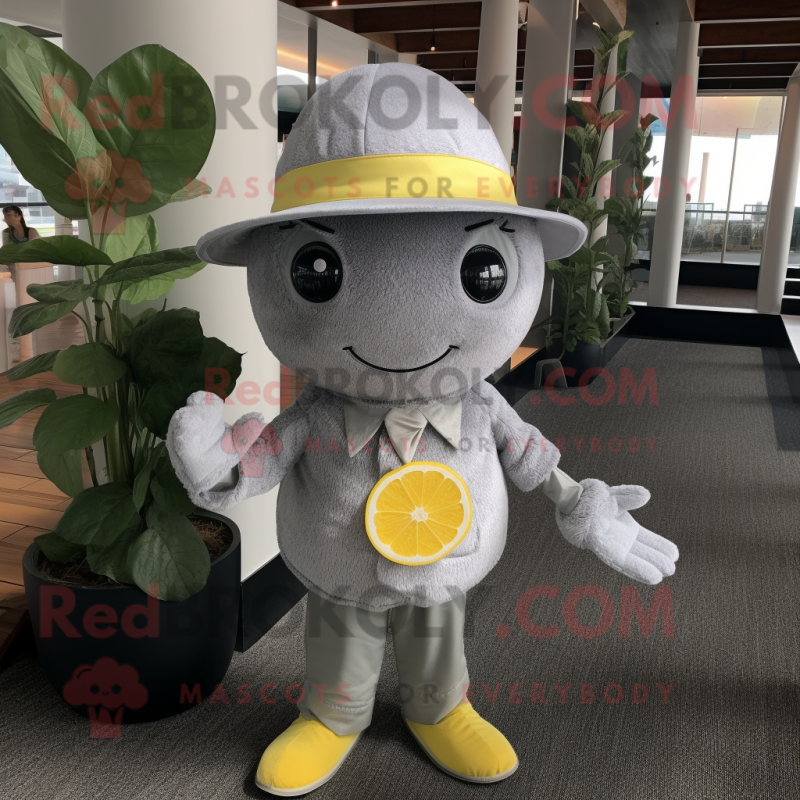 Gray Lemon mascot costume character dressed with a Romper and Hats