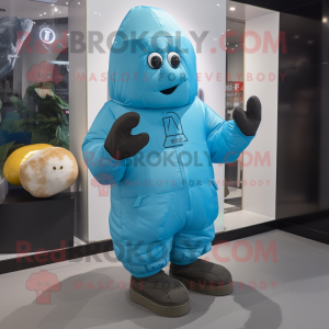 Cyan Potato mascot costume character dressed with a Parka and Gloves