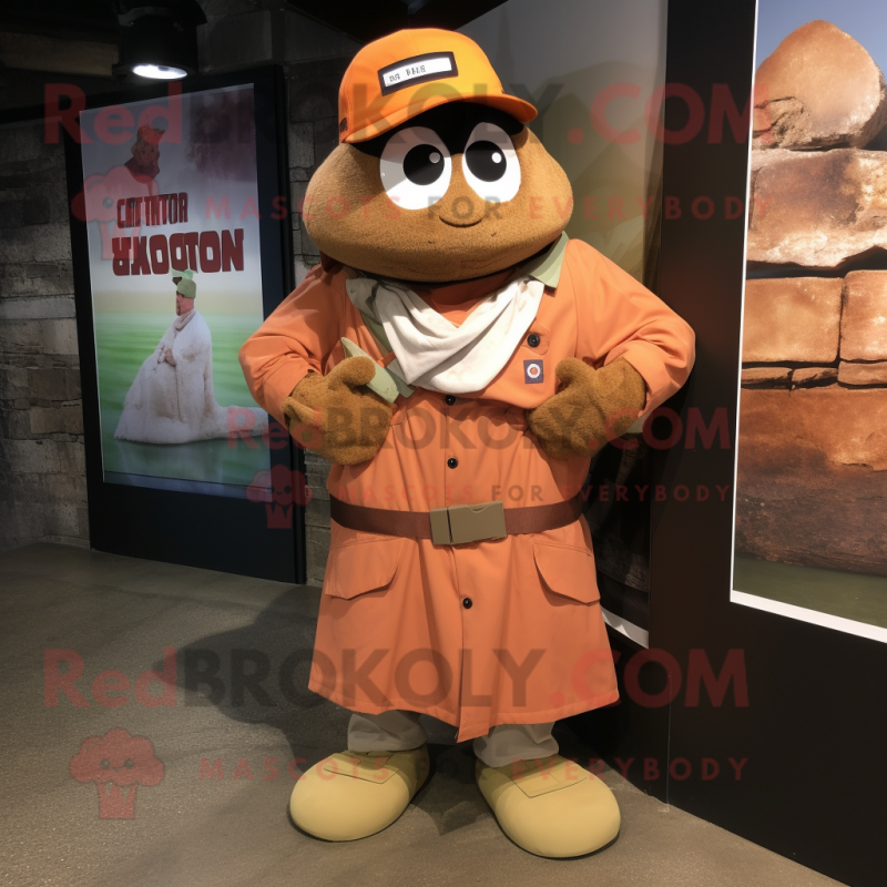 Rust Oyster mascot costume character dressed with a Parka and Suspenders