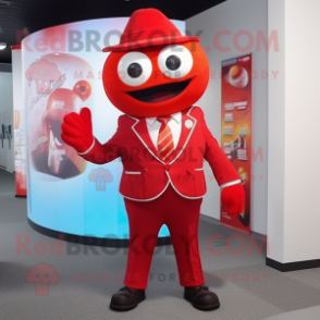 Red Pho mascot costume character dressed with a Suit and Suspenders