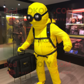 Lemon Yellow Commando mascot costume character dressed with a Long Sleeve Tee and Messenger bags