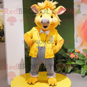 Yellow Wild Boar mascot costume character dressed with a Boyfriend Jeans and Necklaces