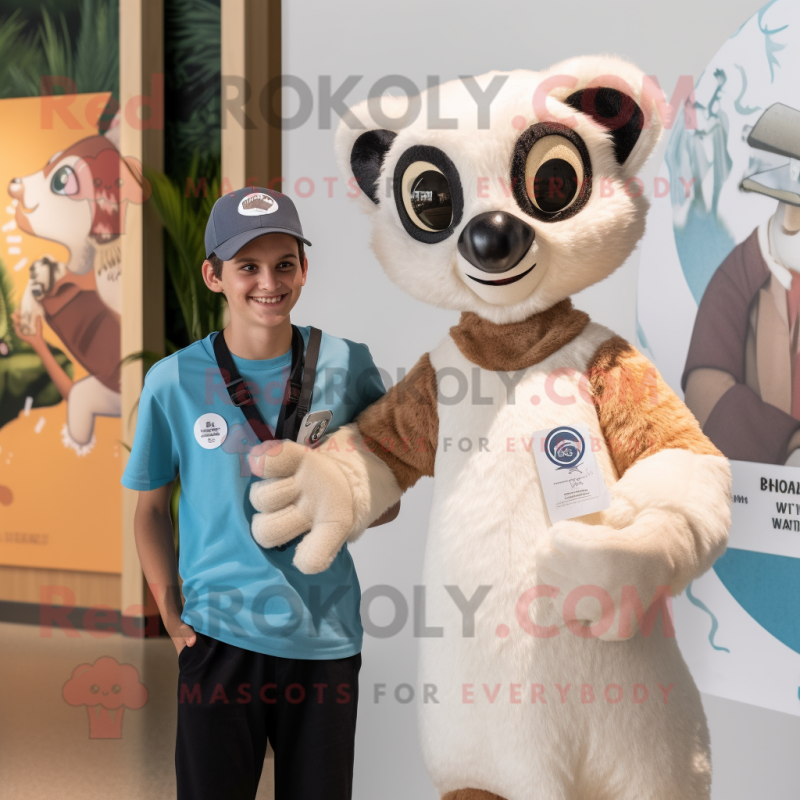 Cream Lemur mascot costume character dressed with a Henley Tee and Watches