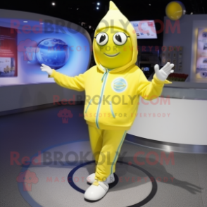 Lemon Yellow Gyro mascot costume character dressed with a Sweatshirt and Keychains