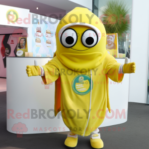 Lemon Yellow Gyro mascot costume character dressed with a Sweatshirt and Keychains