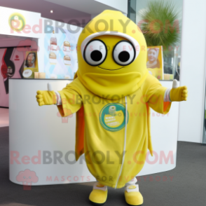 Lemon Yellow Gyro mascot costume character dressed with a Sweatshirt and Keychains