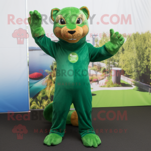 Green Jaguarundi mascot costume character dressed with a Jumpsuit and Wraps