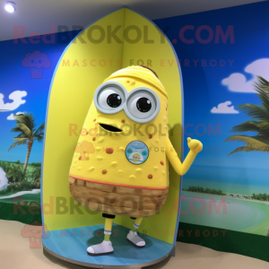 Lemon Yellow Engagement Ring mascot costume character dressed with a Board Shorts and Lapel pins