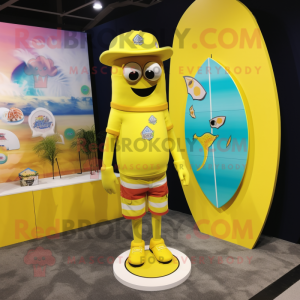 Lemon Yellow Engagement Ring mascot costume character dressed with a Board Shorts and Lapel pins
