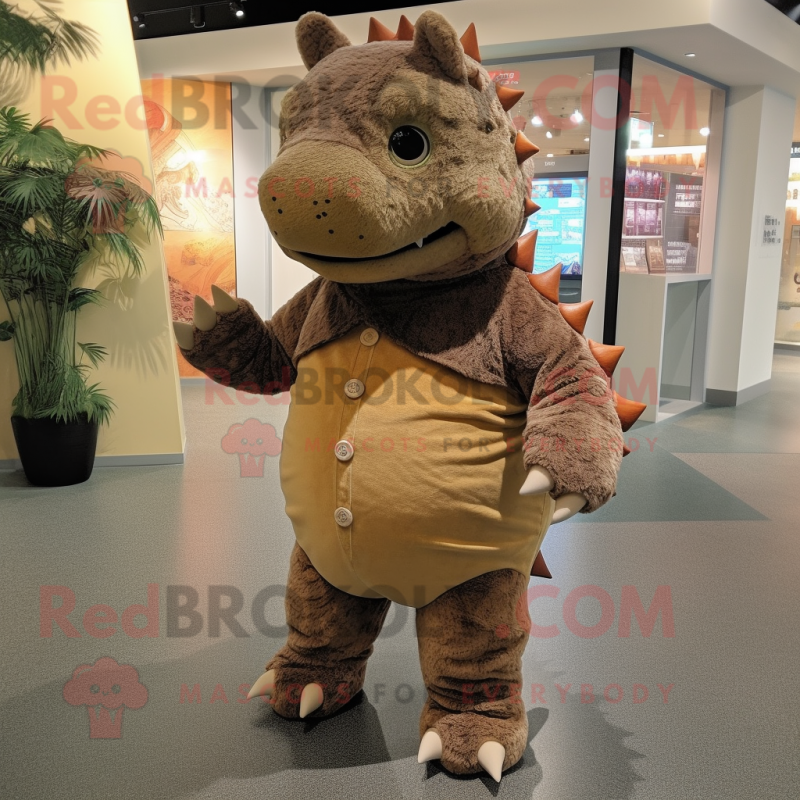 Brown Ankylosaurus mascot costume character dressed with a Corduroy Pants and Cummerbunds