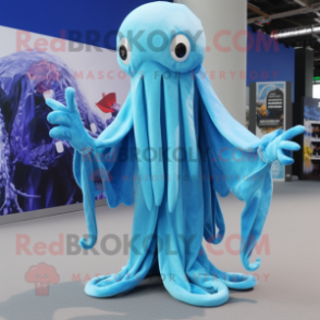 Sky Blue Kraken mascot costume character dressed with a Cover-up and Scarf clips