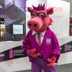 Magenta Wild Boar mascot costume character dressed with a Suit and Reading glasses