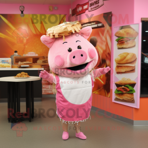 Pink Pulled Pork Sandwich mascot costume character dressed with a Graphic Tee and Anklets