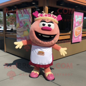 Pink Pulled Pork Sandwich mascot costume character dressed with a Graphic Tee and Anklets