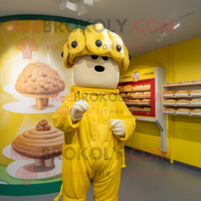 Yellow Beef Wellington mascot costume character dressed with a Jumpsuit and Brooches