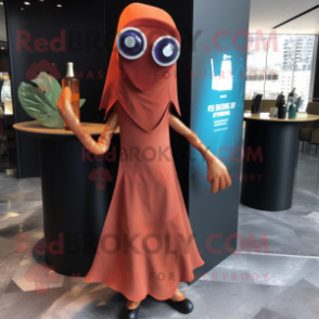 Rust Squid mascot costume character dressed with a Cocktail Dress and Shawl pins