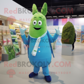 Cyan Asparagus mascot costume character dressed with a Poplin Shirt and Clutch bags