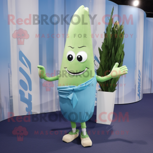 Cyan Asparagus mascot costume character dressed with a Poplin Shirt and Clutch bags