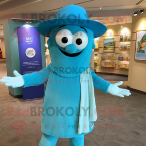 Turquoise Pho mascot costume character dressed with a Henley Tee and Hat pins