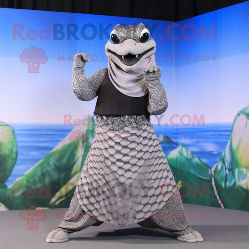 Gray Anaconda mascot costume character dressed with a Maxi Skirt and Bracelets