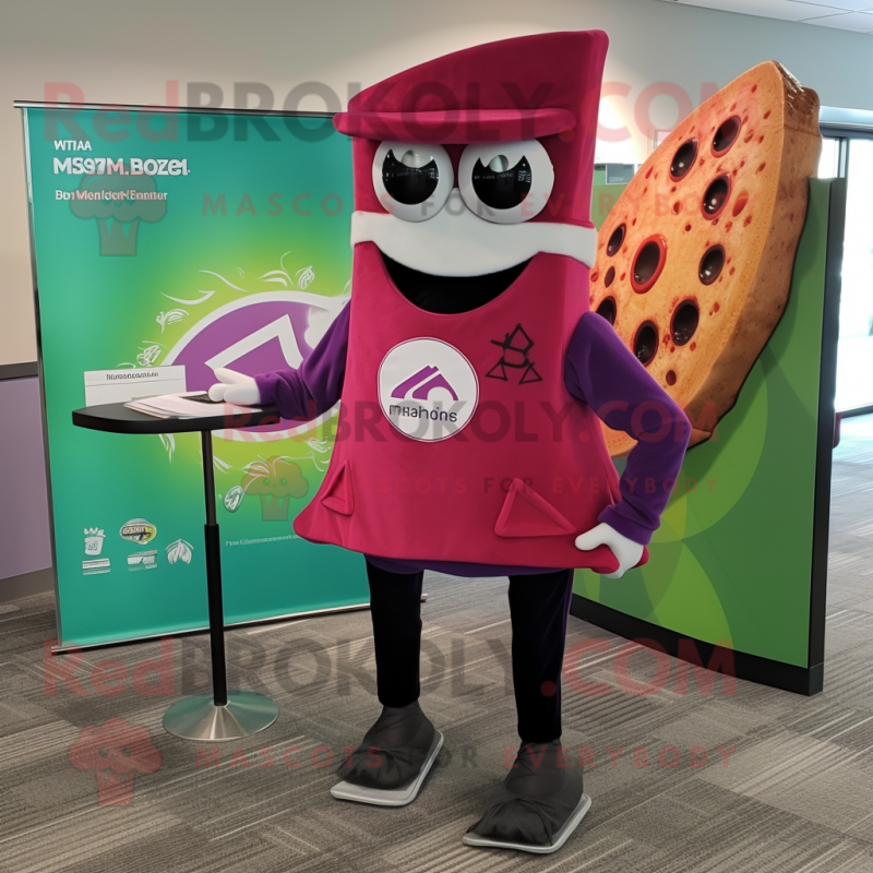Magenta Pizza Slice mascot costume character dressed with a Bermuda Shorts and Tie pins