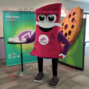 Magenta Pizza Slice mascot costume character dressed with a Bermuda Shorts and Tie pins