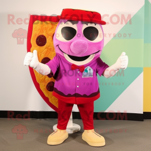 Magenta Pizza Slice mascot costume character dressed with a Bermuda Shorts and Tie pins