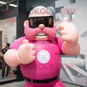 Pink Strongman mascot costume character dressed with a Playsuit and Eyeglasses