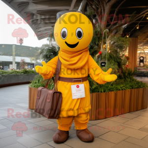 Gold Plum mascot costume character dressed with a Cargo Pants and Scarves