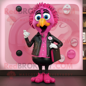 Pink Peacock mascot costume character dressed with a Leather Jacket and Wallets