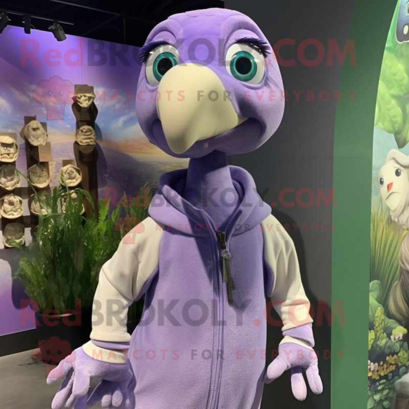 Lavender Archeopteryx mascot costume character dressed with a Sweatshirt and Necklaces
