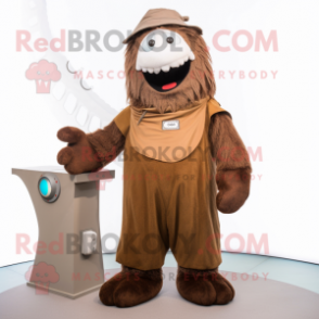 Brown Ice mascot costume character dressed with a Dungarees and Shawls