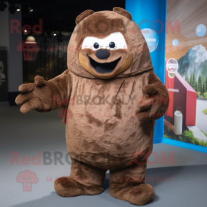 Brown Ice mascot costume character dressed with a Dungarees and Shawls