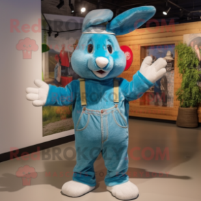 Cyan Rabbit mascot costume character dressed with a Jeans and Beanies