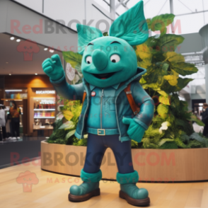 Teal Beanstalk mascot costume character dressed with a Leather Jacket and Gloves