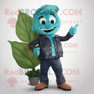 Teal Beanstalk mascot costume character dressed with a Leather Jacket and Gloves